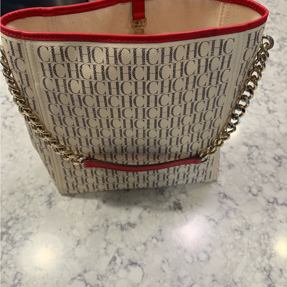 Carolina Herrera Cream and Red Shoulder Bag with Gold Accents